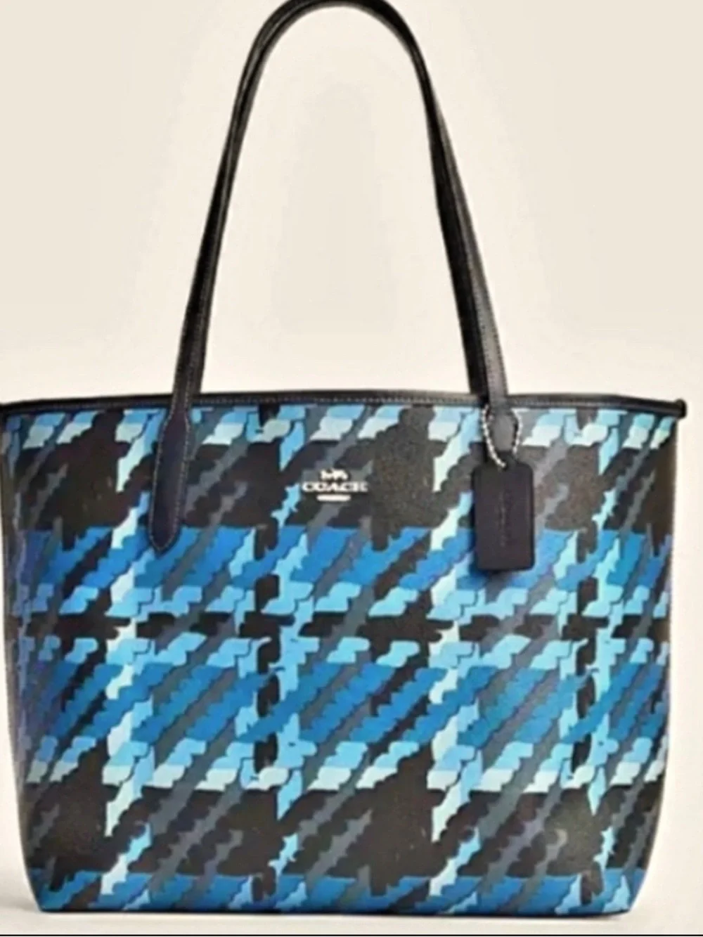 Coach Large City Tote Graphic Plaid Print Blue & Black Carryall